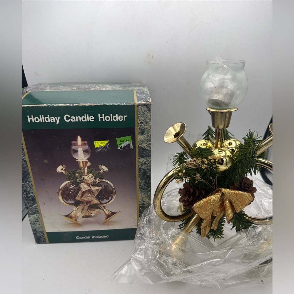 VTG Walmart brass French Horn Christmas Holiday Candle Holder 10” gold Ribbon